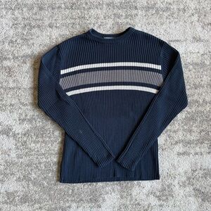 Vintage Y2K Aeropostale Ribbed Knit Navy Blue Striped Slim Fit Skater Sweater